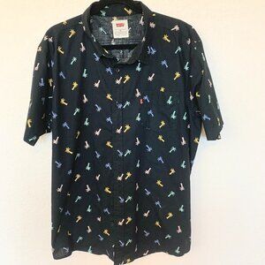 LEVIS Mens shirt XL Black with Palm Trees Cotton Tropical theme Short sleeve
